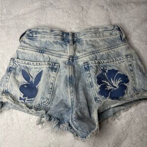 PLAYBOY Women's Light Blue Distressed Jean Shorts